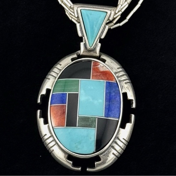 Signed Vtg Carolyn Pollack Southwestern 925 Sterling Turquoise Mosaic Necklace - Picture 7 of 16